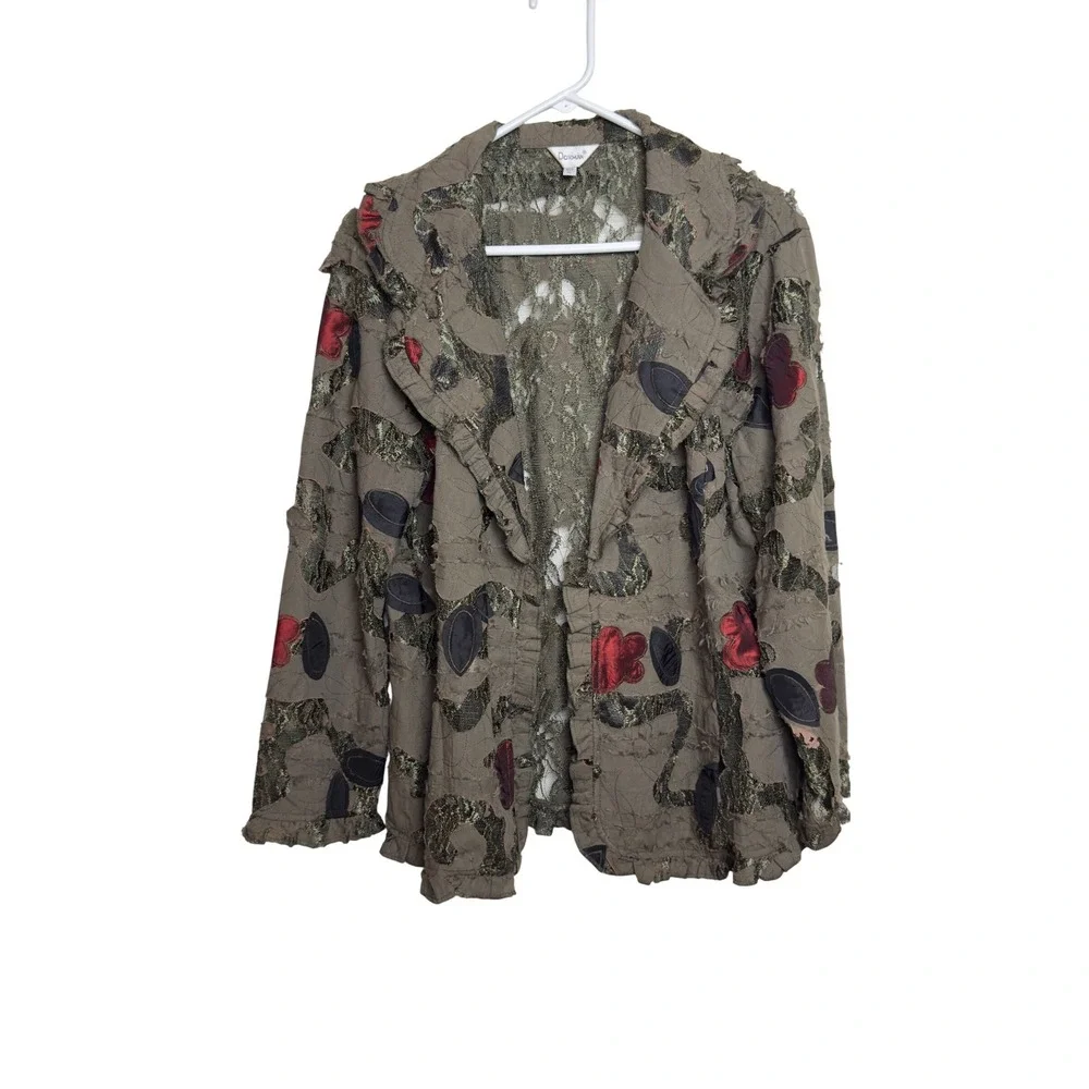 Dorman Womens XL Olive Green Floral‎ Lace Applique Open Front Art To Wear Jacket